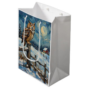 Vintage Owl on Fence Over Frozen Christmas Field Medium Gift Bag