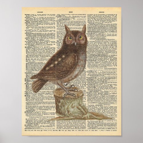 Vintage Owl on tree stump vintage dictionary page Poster