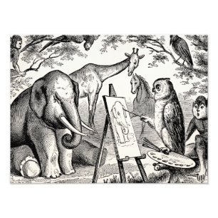 Vintage Owl Painting Elephant 1800s Jungle Scene Photo Print