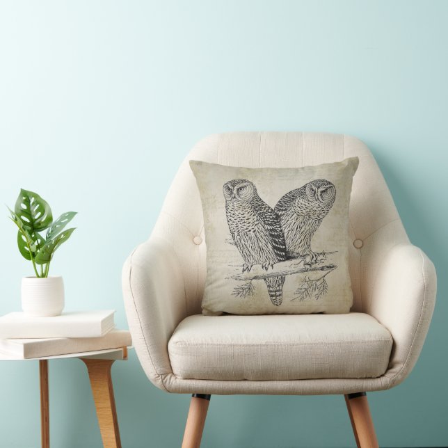 Vintage Owl Pair Throw Pillow (Chair)