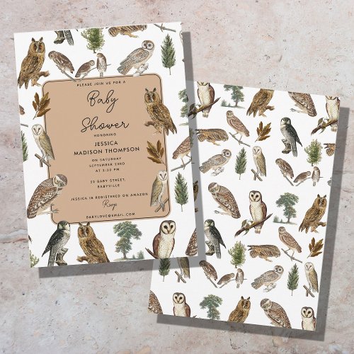 Vintage Owl Watercolor Forest Bird Baby Shower Invitation