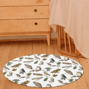 Vintage Owl Watercolor Forest Nursery Kids Rug