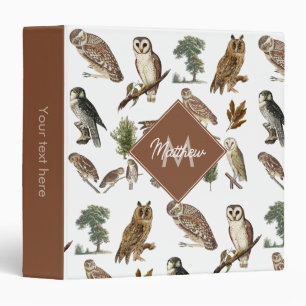 Vintage Owl Watercolor Forest Pattern Monogram 3 Ring Binder