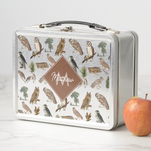 Vintage Owl Watercolor Forest Pattern Monogram Metal Lunch Box
