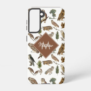 Vintage Owl Watercolor Forest Pattern Monogram Samsung Galaxy S21 Case