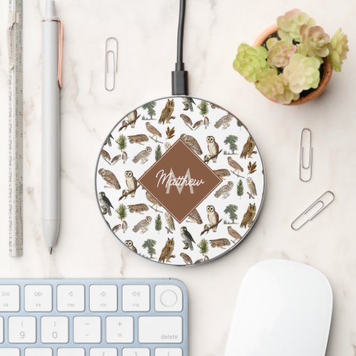 Vintage Owl Watercolor Forest Pattern Monogram   Wireless Charger