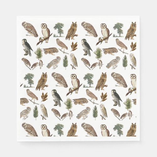 Vintage Owl Watercolor Forest Pattern  Napkins