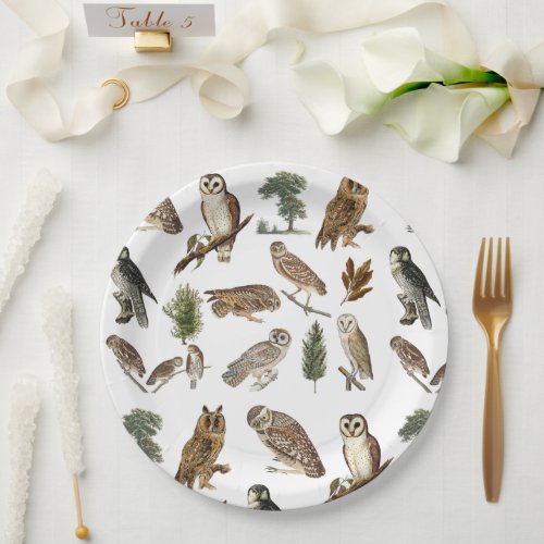 Vintage Owl Watercolor Forest Pattern Paper Plates
