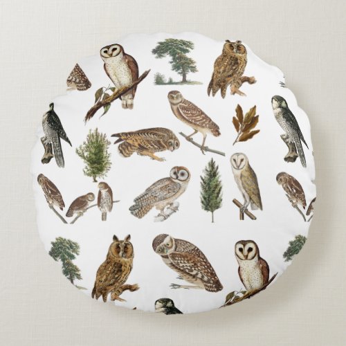 Vintage Owl Watercolor Forest Pattern Round Pillow