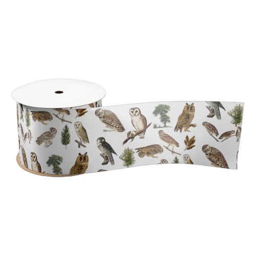 Vintage Owl Watercolor Forest Pattern   Satin Ribbon