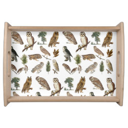 Vintage Owl Watercolor Forest Pattern Serving Tray
