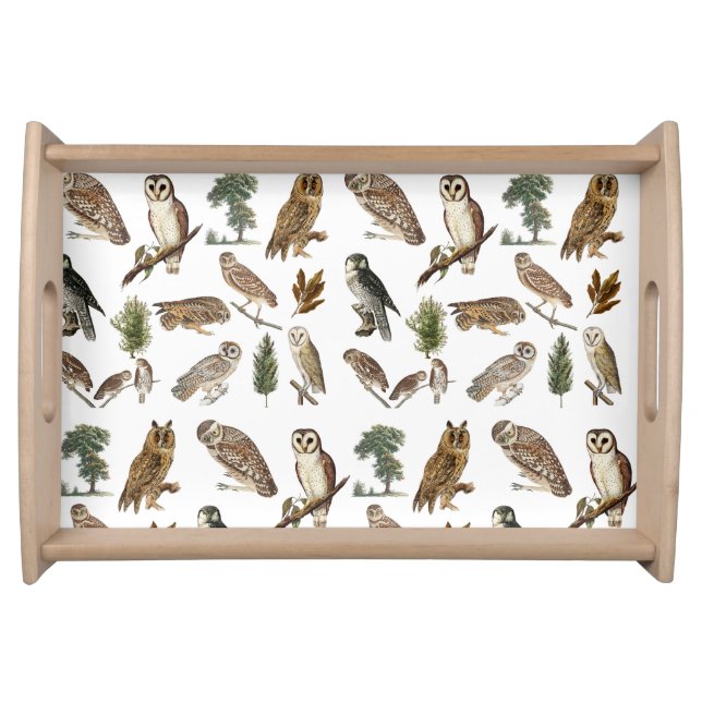 Vintage Owl Watercolor Forest Pattern Serving Tray (Front)