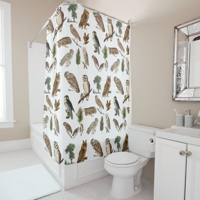 Vintage Owl Watercolor Forest Pattern  Shower Curtain (In Situ)