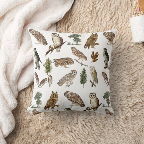 Vintage Owl Watercolor Forest Pattern Throw Pillow