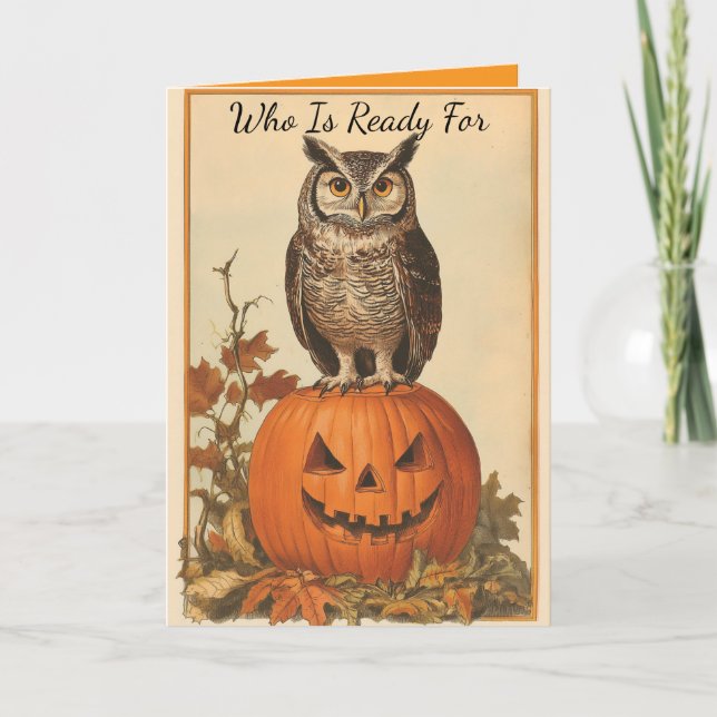 Vintage Owl With Pumpkin Halloween Card (Front)
