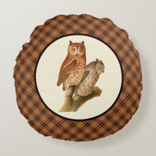 Vintage Owls with Rustic Orange Fall Plaid Round Pillow