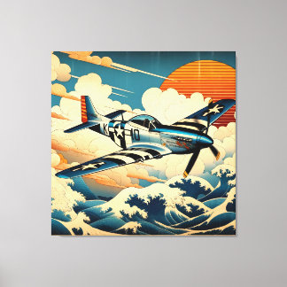Vintage P-51 Mustang in Ukiyo-e Art Canvas Print