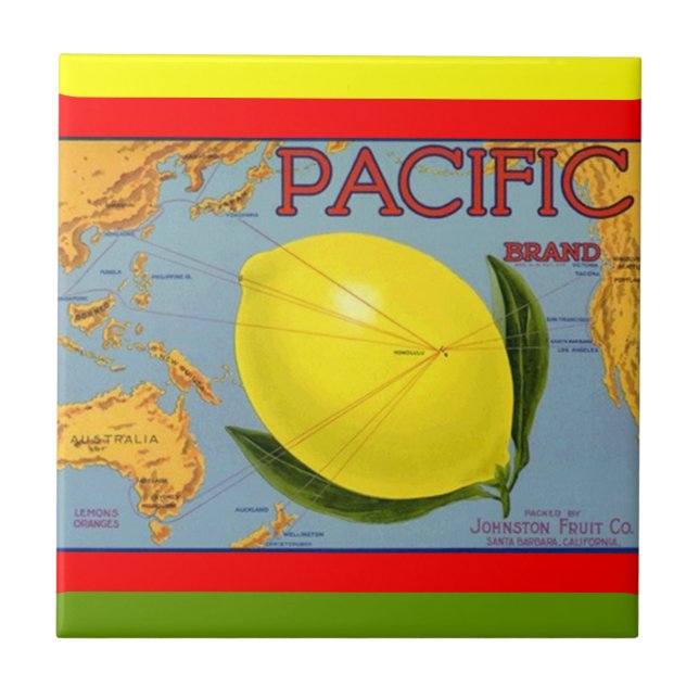 Vintage Pacific Fruit Map Lemon Crate Label Tile (Front)