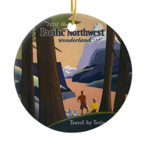 Vintage Pacific Northwest Travel Poster 1925 Train Ceramic Ornament
