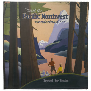 Vintage Pacific Northwest Travel Poster 1925 Train Cloth Napkin