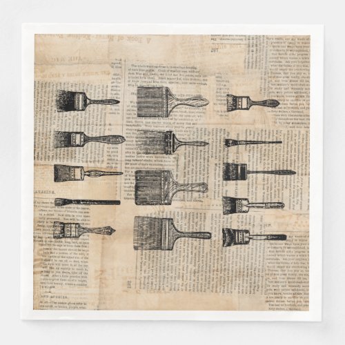 Vintage Paintbrushes Paint Brush Newspaper Print Paper Dinner Napkins