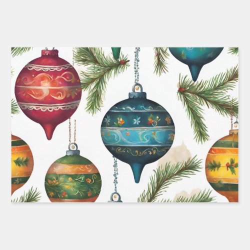 Vintage Painted Christmas Hanging Ornaments  Wrapping Paper Sheets