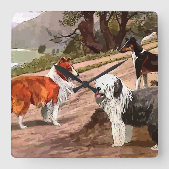 Vintage Painted Collies Square Wall Clock (Front)