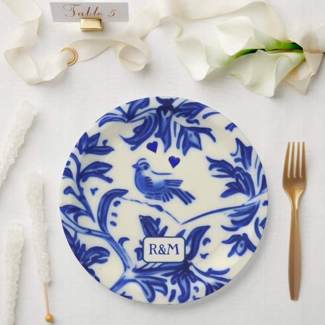 Vintage Painted Crockery - Songbird and Initials Paper Plates (Wedding)