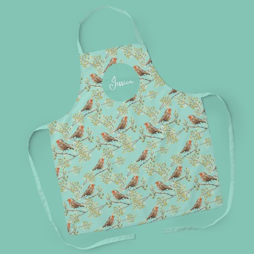 Vintage Painted European Robin Bird Pattern Apron