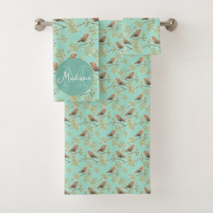 Vintage Painted European Robin Bird Pattern Bath Towel Set