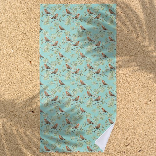 Vintage Painted European Robin Bird Pattern Beach Towel