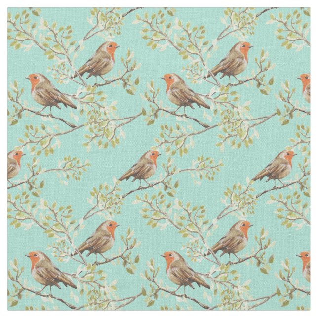 Vintage Painted European Robin Bird Pattern Fabric (Close Up)