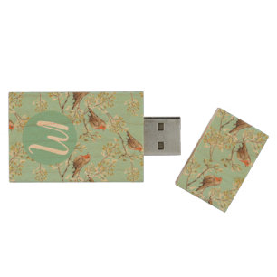 Vintage Painted European Robin Bird Pattern Wood Flash Drive