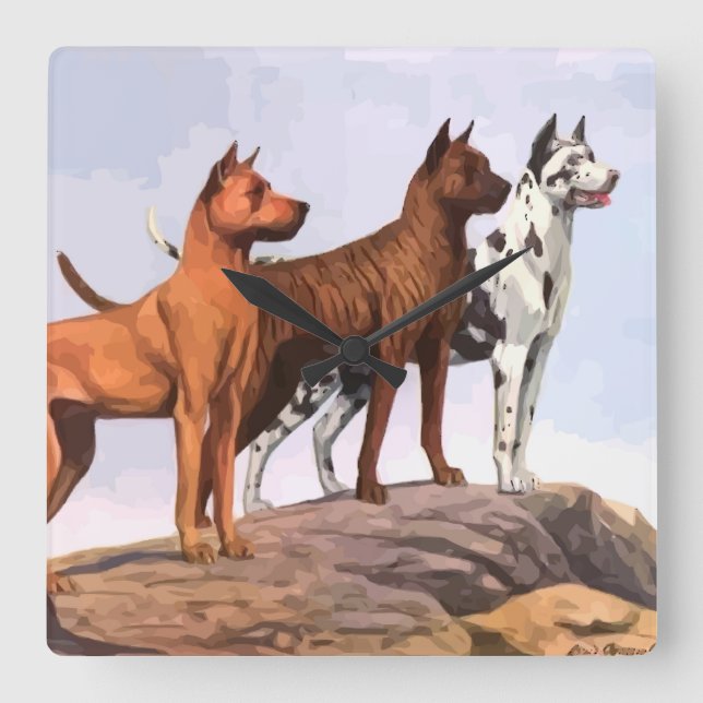 Vintage Painted Great Danes Square Wall Clock (Front)