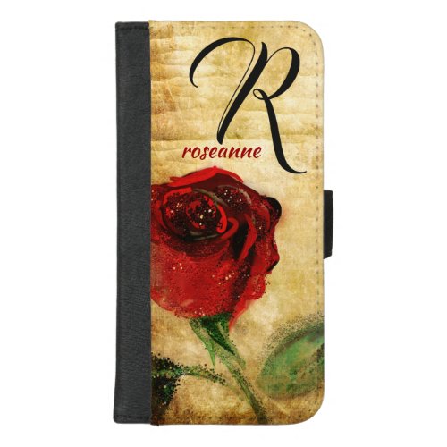 Vintage Painted Red Rose Ladies Monogram iPhone iPhone 87 Plus Wallet Case