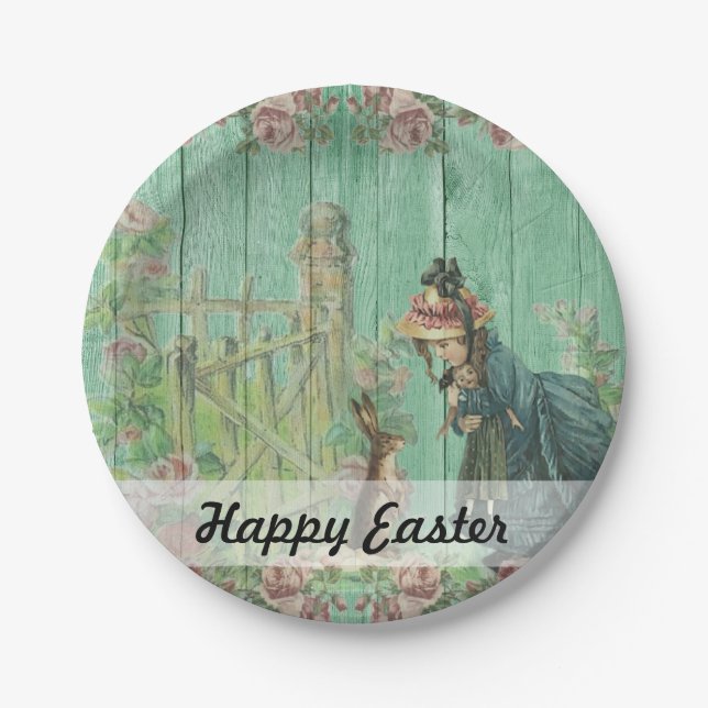 Vintage Painted Rustic Easter Rabbit Scene Paper Plates (Front)