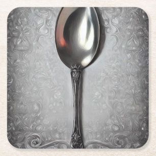 Vintage Painted Silver Spoon Square Paper Coaster