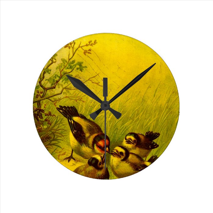 Vintage Painted Sparrows Round Wall Clock