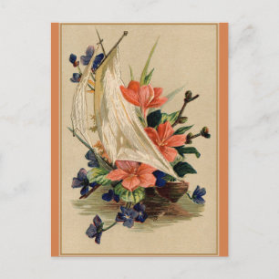 Vintage Painting - Flowers in a Sailboat. Postcard