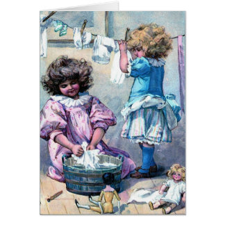 Vintage painting girls washing clothes laundry day cards