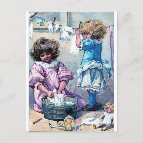 Vintage painting girls washing clothes laundry day postcard