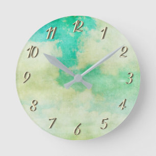 Vintage painting look Clouds in the sky teal cream Round Clock