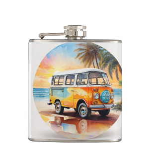 Vintage Painting Minibus on The Beach Flask