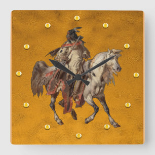 Vintage Painting, Native American Brave and Horse Square Wall Clock
