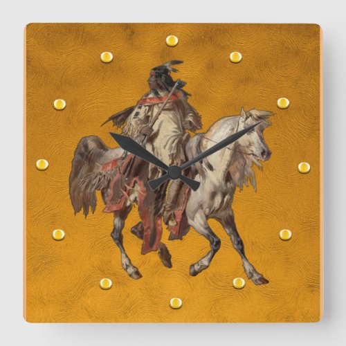 Vintage Painting Native American Brave and Horse Square Wall Clock