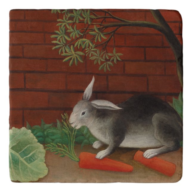 Vintage Painting Rabbit eating Carrot Cute Trivet (Front)