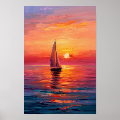 Vintage Painting Sailing Boat in Sunset Nature Poster