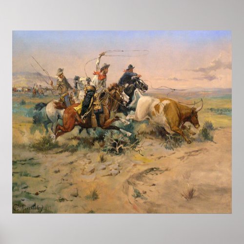 Vintage Painting Wild West Roundup  Poster