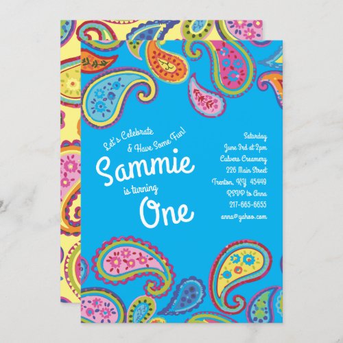 Vintage Paisley Colorful 1st Birthday Invitations