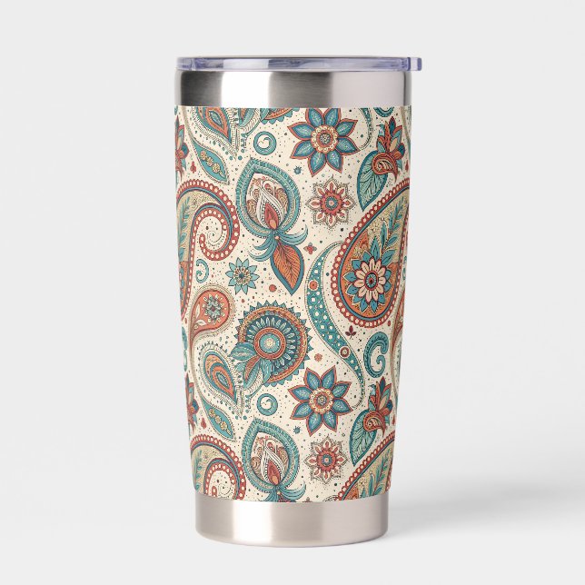 Vintage Paisley in Red Teal Cream Insulated Tumbler (Left)